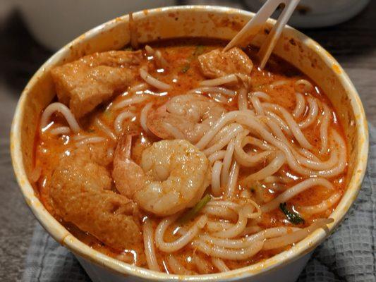 Shrimp Laksa Noodle Soup - shrimp coconut curry noodle soup with bean sprouts, lime and cilantro