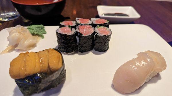 Live Scallop  Uni, Toro scallion roll