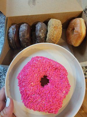 Pink sprinkle, honey dip, double chocolate and chocolate cake donut. So good!!