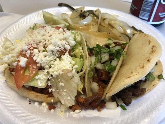 Chorizo sope. Pastor and steak tacos