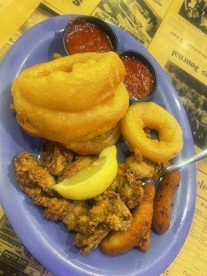 Onion rings and friend clams. Hush puppies