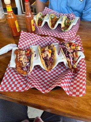 Blackened fish tacos and Al pastor tacos