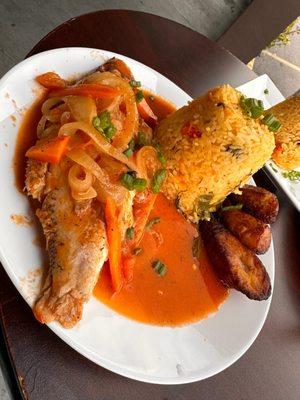 Stew Snapper with Rice and Peas and Plaintain