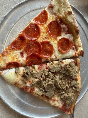 Slice of pepperoni and slice of meatball