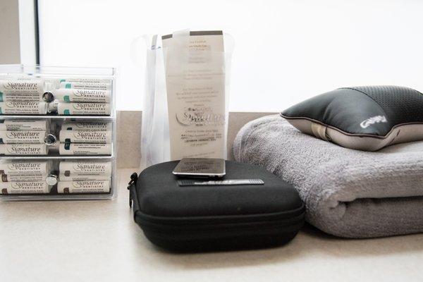 We have noise cancelling headphones, warm blankets and neck pillows to make your visit more enjoyable.