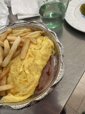 Asked for a ham and cheese omelette. Got a cheese omelette with a piece of ham under it.