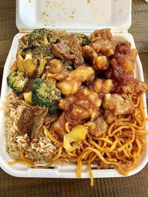 Broccoli and Beef, Orange Chicken, Fried Rice and Chow Mein. Very generous portions!