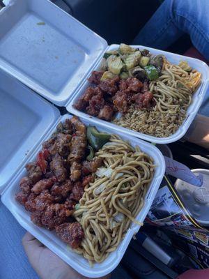 (Left Plate): Chow Mein, Orange Chicken and Honey Chicken. (Right Plate): Chow Mein and Fried Rice, Orange Chicken, Mushroom Chicken.