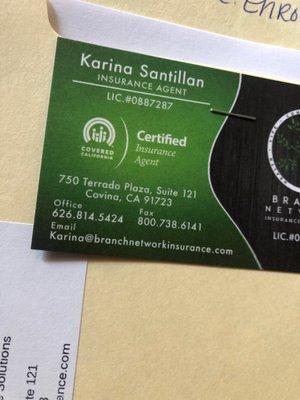 Karina's business card.