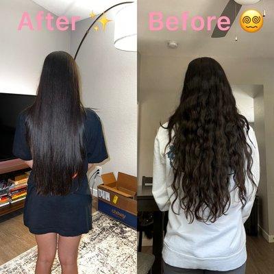 Before and after of the 3 hour Japanese Hair Straightening process.