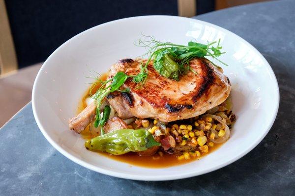 Berkshire Pork Chop with smoked bacon & yellow corn succotash,
vidalia onions, honey mustard, marsala cream demi-glace