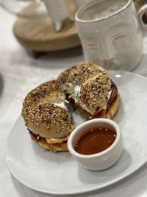 Sweet Heat breakfast bagel. Your choice of ham, bacon or sausage.