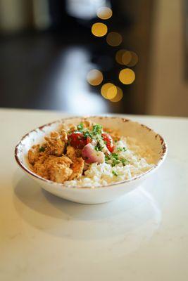 Kids Bowl - Choice of protein, served with rice and tomato-onion relish.