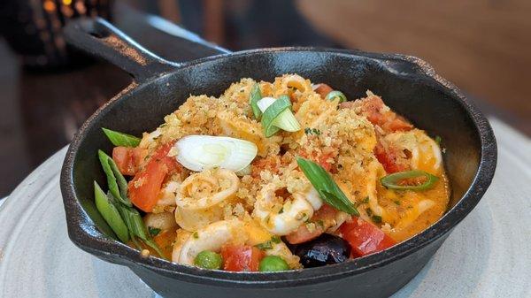 Boston calamari, polenta, English peas, olives , chili and tomatoes