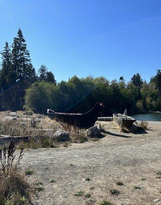 Native American dugout canoe replicas for kids to play on. These are at the end of the main trail.