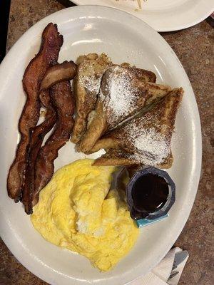 French toast w/ scrambled eggs and bacon