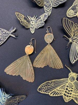 Mothra & Moon Hans etched brass earrings.  Each one is hand drawn and completely unique.  Extremely lightweight, but big on style