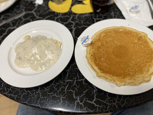 Half order of biscuits and gravy with one pancake