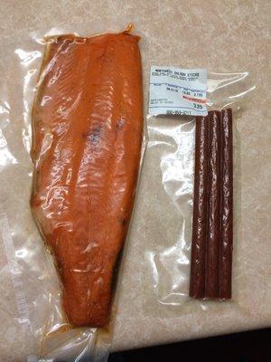 Red sockeye smoked salmon and salmon jerky