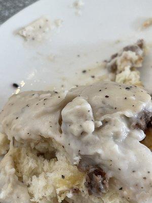 Biscuits and sausage gravy.... By the time it got to us the gravy had a skin and the biscuits were cold  and sausage was cold....