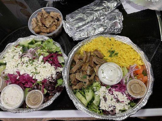 Green salad w/ meat on side and lamb gyro plate with pita