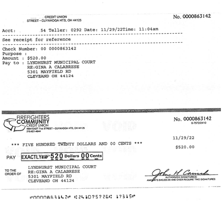 Certified Check to pay for my 2nd Request for Records to Lyndhurst Municipal Court.