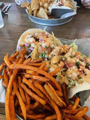 Shrimp tacos and sweet potato fries