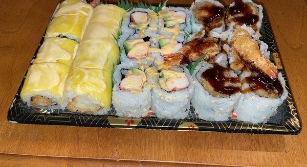 J63. Hawaii Roll, J44. Spicy Crab Avocado Roll, J40. Shrimp Tempura Roll