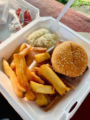 BBQ beef sandwich plate with fries and slaw