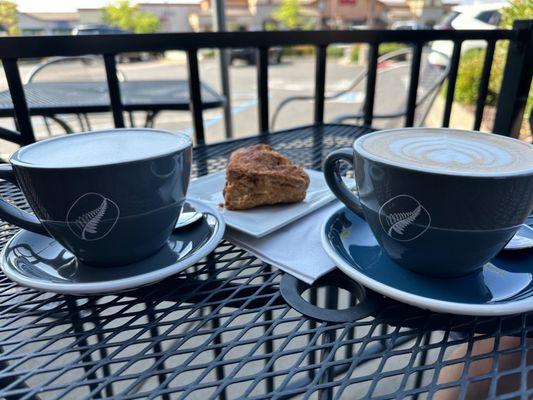 Chai tea, blackberry scone, vanilla latte