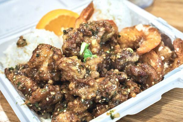 Mix Plate (Furikake Chicken & Garlic Shrimp).