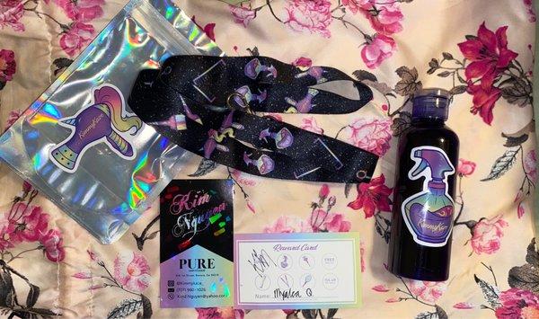 -custom stickers and lanyard -Reward card for returning customers -Very cute/stylish business cards! -Purple Shampoo