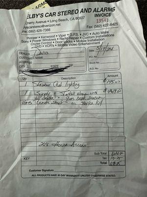 original receipt Shelby's provided me.Months later , no alarm is installed , I spent over 2k, and can't even get a call back.