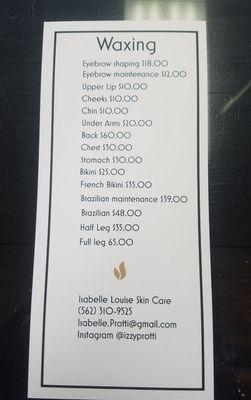 Waxing menu.