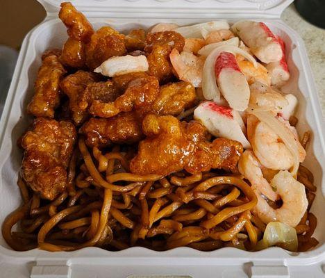 General tsos chicken, seafood and noodles. Good but both entrees don't have as much sauce as they used to.