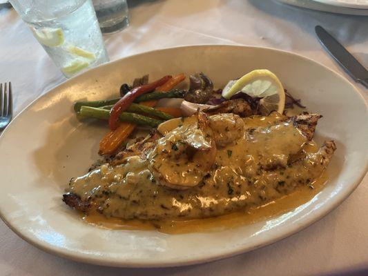 Grilled Blackened Redfish Fillet  With 2 Large Shrimp / Creole Shrimp Cream Sauce / Wild Rice / Fresh Seasonal Fresh Vegetables