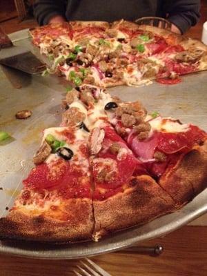 Meat lovers pizza (no, the crust is NOT burned!)