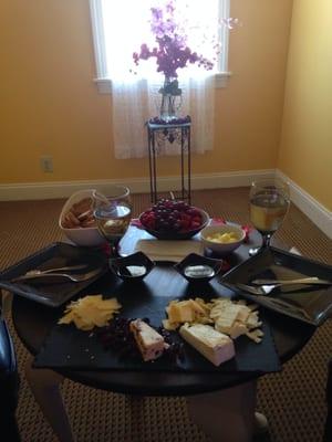 We received the most beautiful set up of wine and cheese after our couples massage