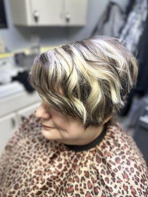 Total transformation- base color (gray coverage) & blocked blonde with pixie cut