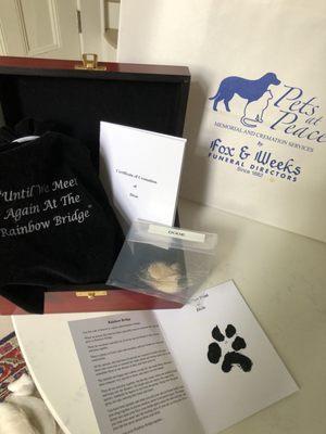 Dixie's paw print, fur clipping and cremation contents