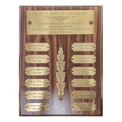 Walnut Plaque with Brass Perpetual Plates in Rotary Engraving