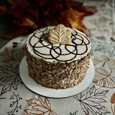 Maple Pecan Chocolate Cake covered by buttercream sweetened only by pure Vermont maple syrup