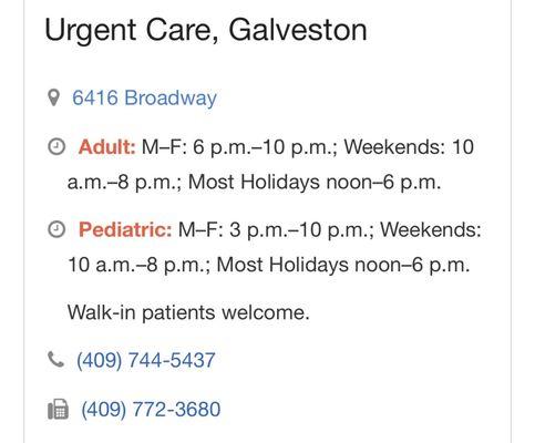 Urgent Care hours