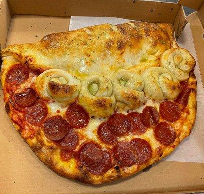 Calzone, garlic knots and pepperoni pizza