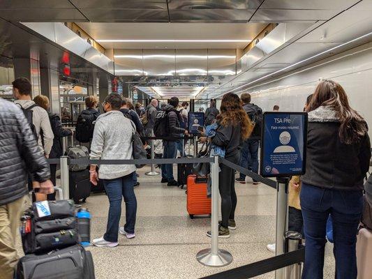 Terminal 2 TSA PreCheck line shortly after 6am. Line moved very fast. Three TSA employees at end of line.