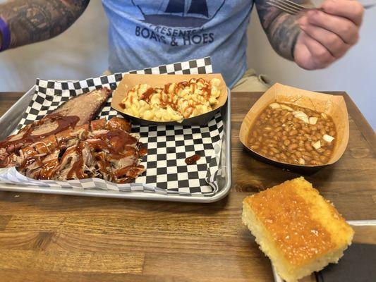 3 meat platter with cornbread, Mac n cheese and baked beans.