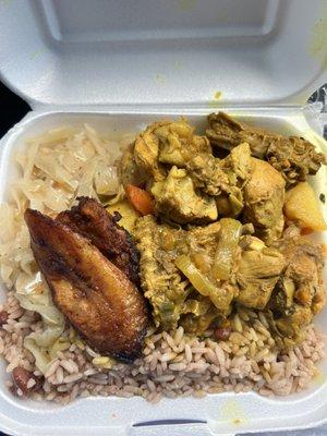 Curry chicken, rice and peas, cabbage, fried plantains