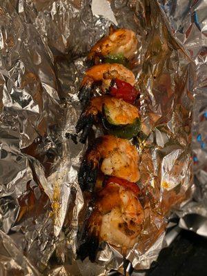 Shrimp skewer, overcooked, not good