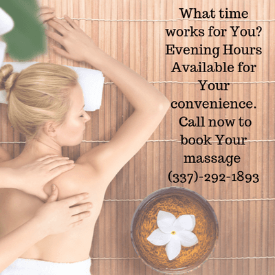 Here for your convenience! Call now to book your evening massage.