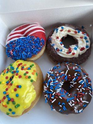 Patriotic donuts and a cake batter